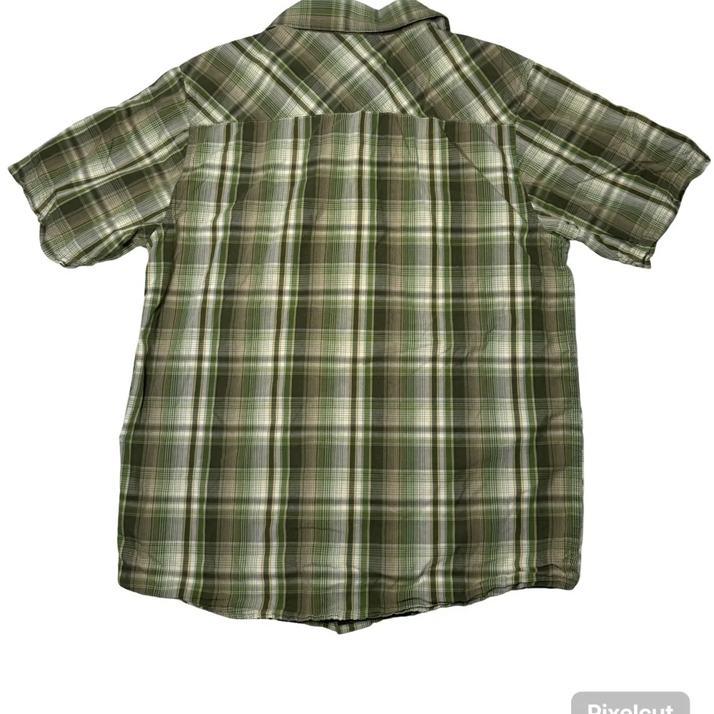 The North Face Shirt Mens Small Green Cotton Snap Buttons Plaid‎ Short Sleeve